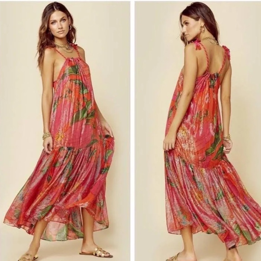 FARM Rio Red Pietra Floral Sleeveless Maxi Dress Metallic Size Small